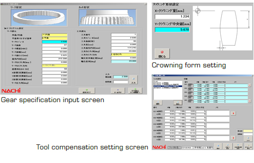 Gear specification input screen,Crowning form setting,Tool compensation setting screen