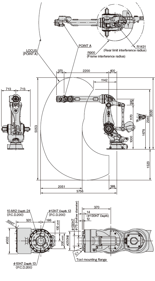Exterior dimensions and operating envelope MC400L
